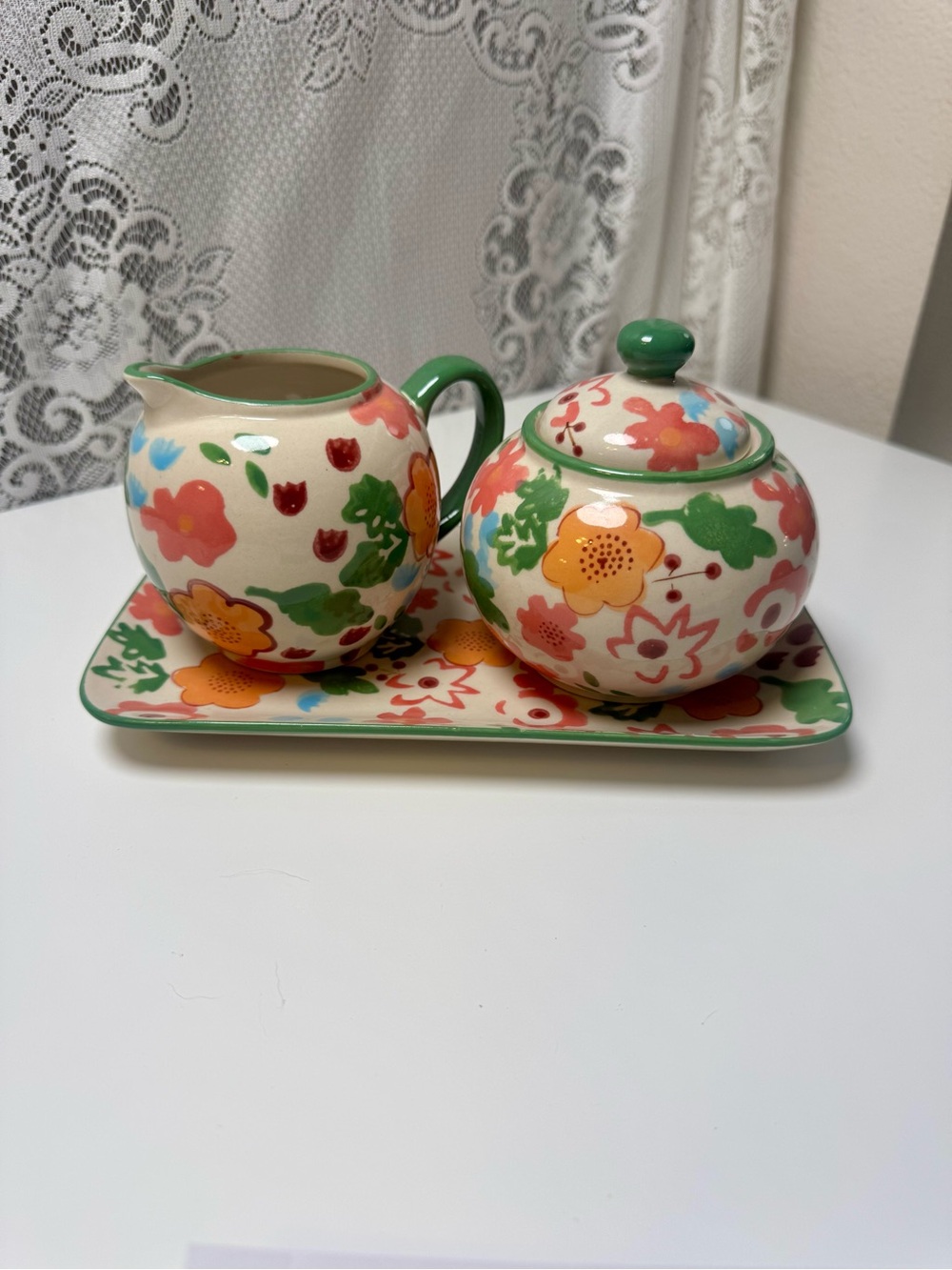 Hand Painted Glen Carraig Pottery Creamer, Sugar Bowl & Tray Set. Irish Cottage